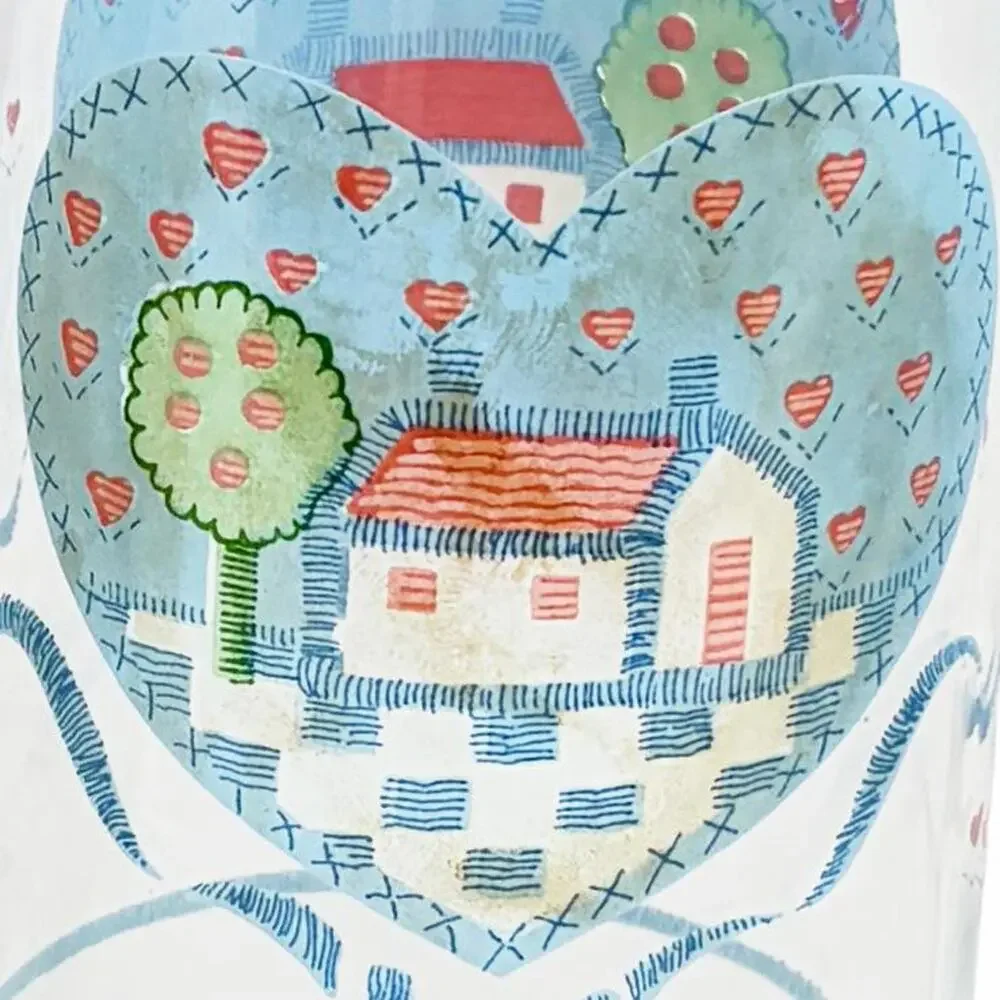 Vintage Cottagecore Farmhouse Folk Art Heart Blue Bow 12 oz Water Glasses Set 4